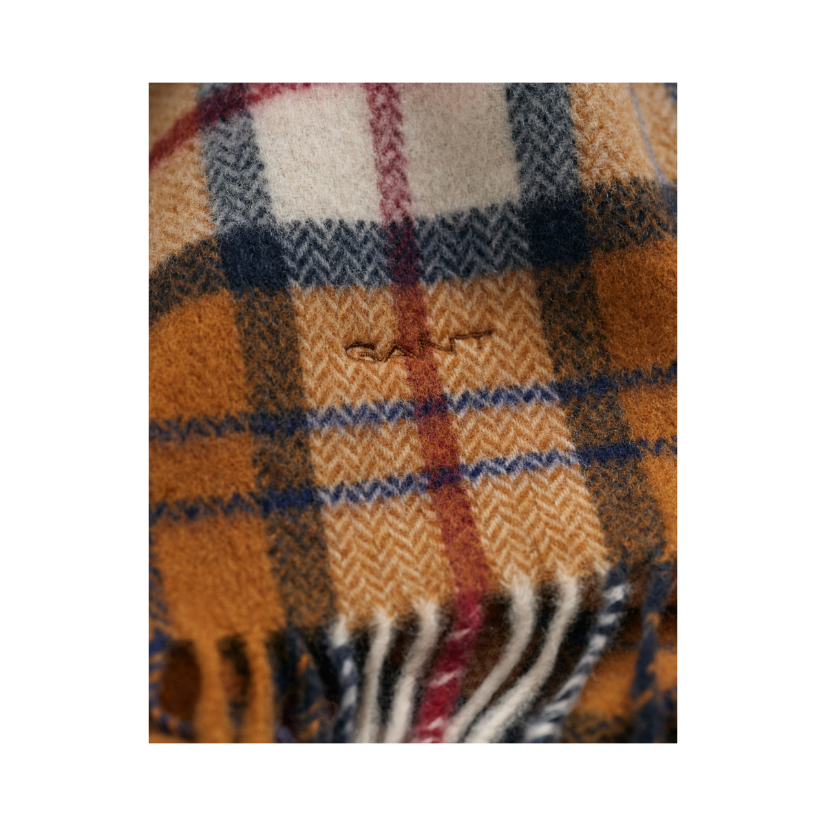 HERRINGBONE CHECK WOOL WOVEN SCARF - Brown