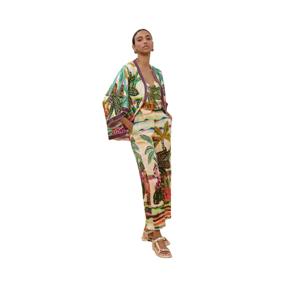 Palm Print Kimono - Ecru-Multicolor