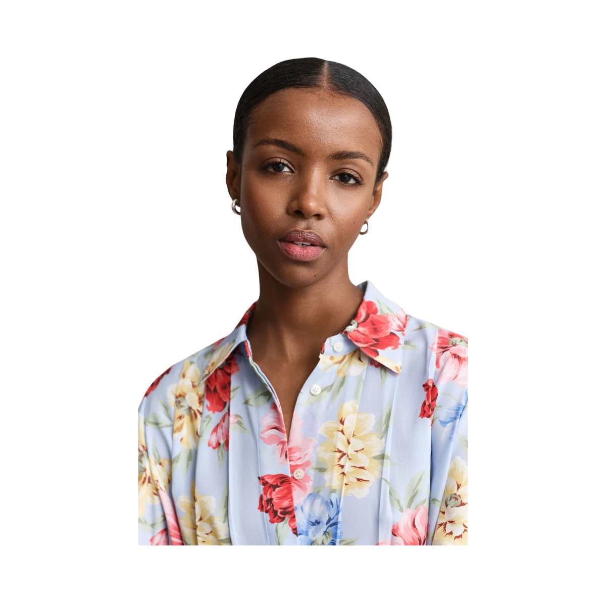 Floral Print Pleated Shirt Dress - Light Blue