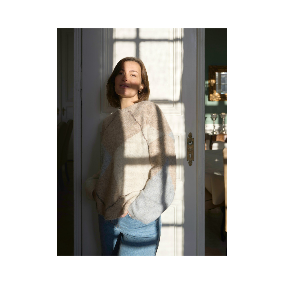 Inga Check Fluff Knit Blouse - Beige Melange
