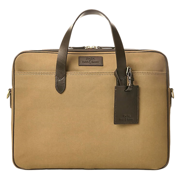 Leather-Trim Canvas Briefcase - Brown