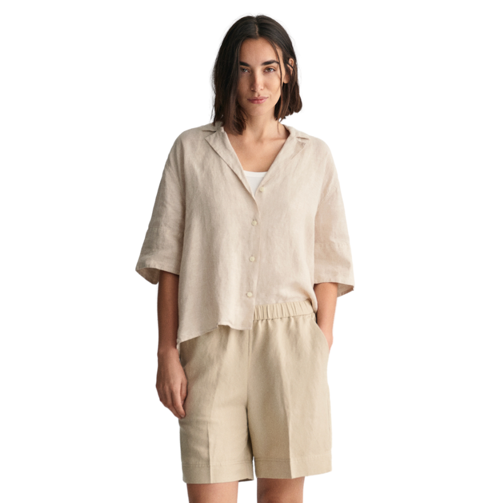 Relaxed Linen Blend Pull On Shorts - Beige