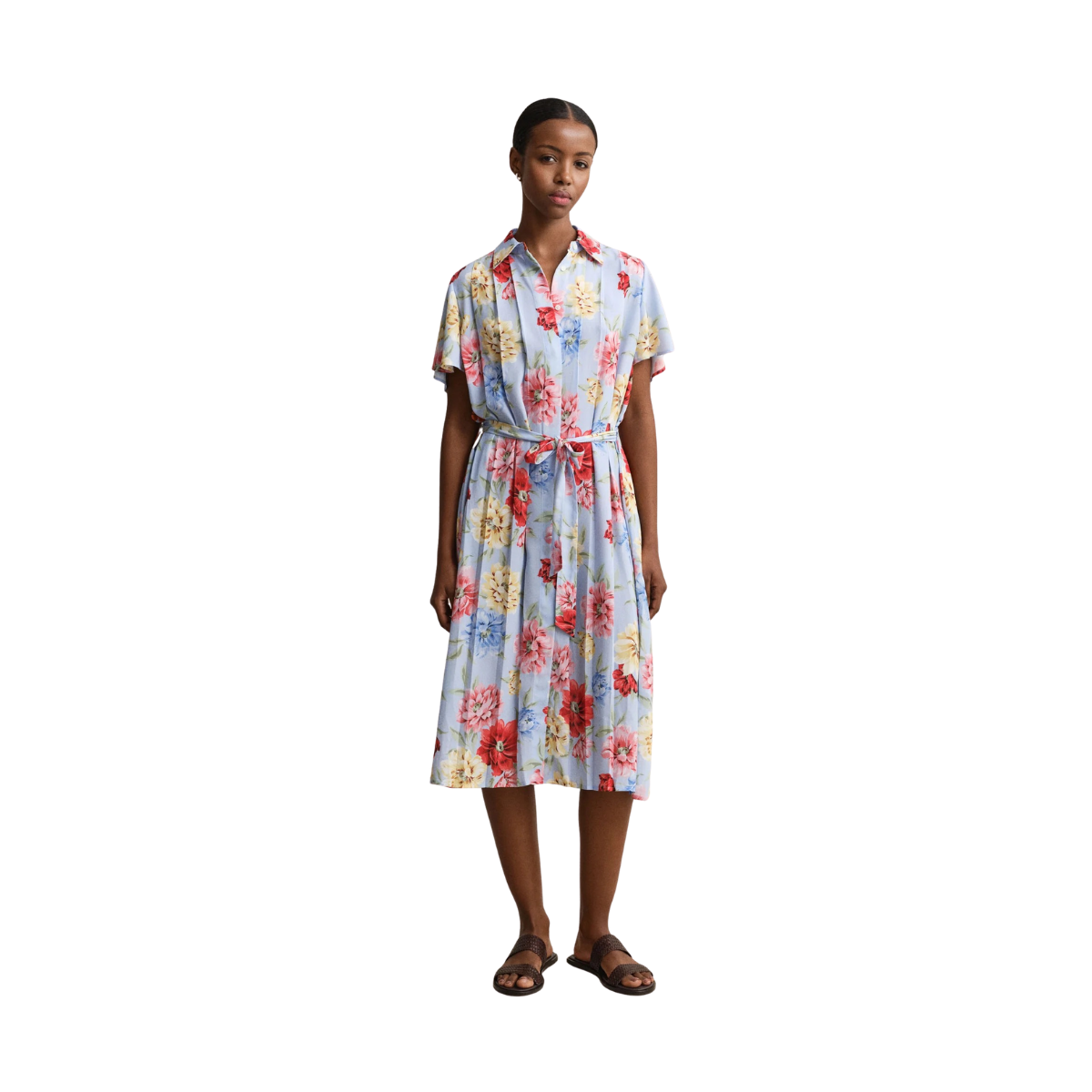 Floral Print Pleated Shirt Dress - Light Blue