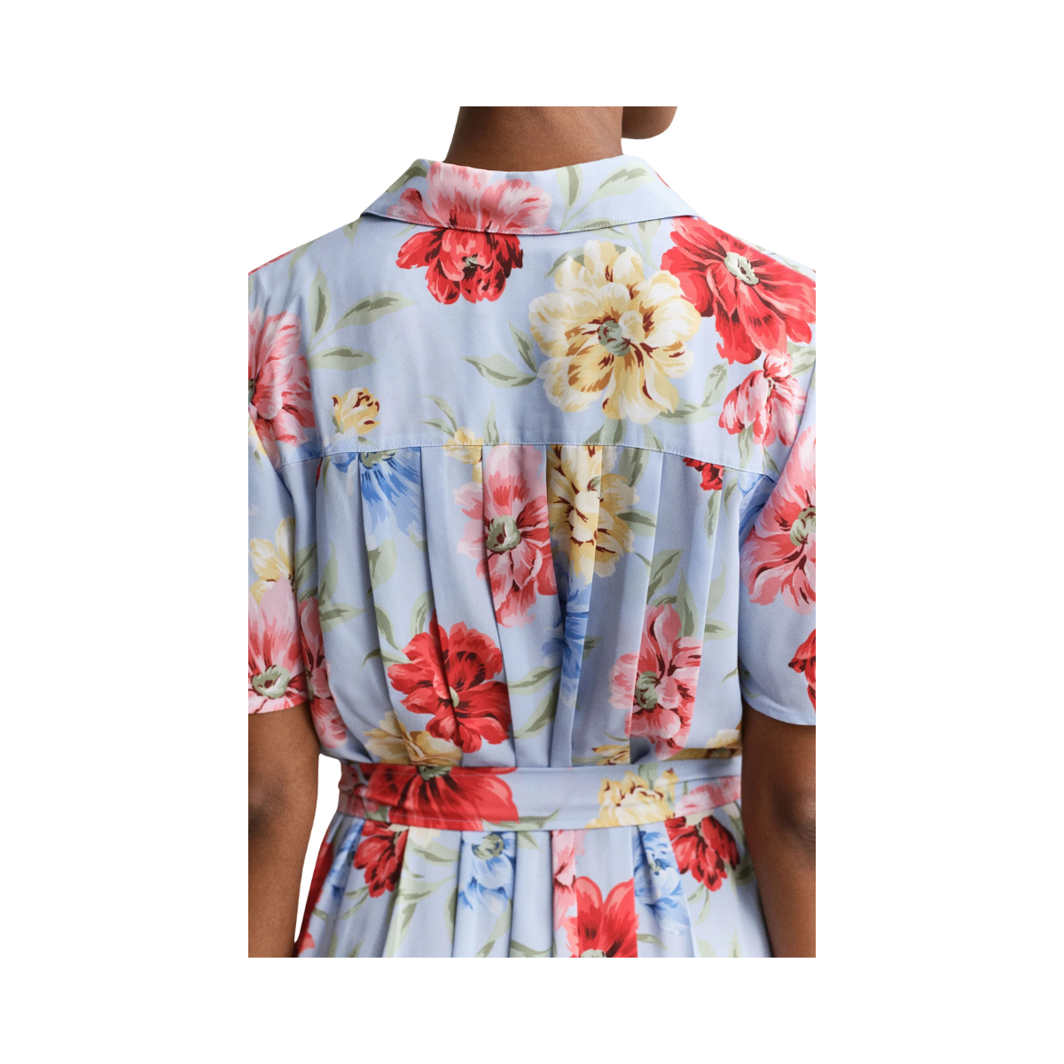 Floral Print Pleated Shirt Dress - Light Blue