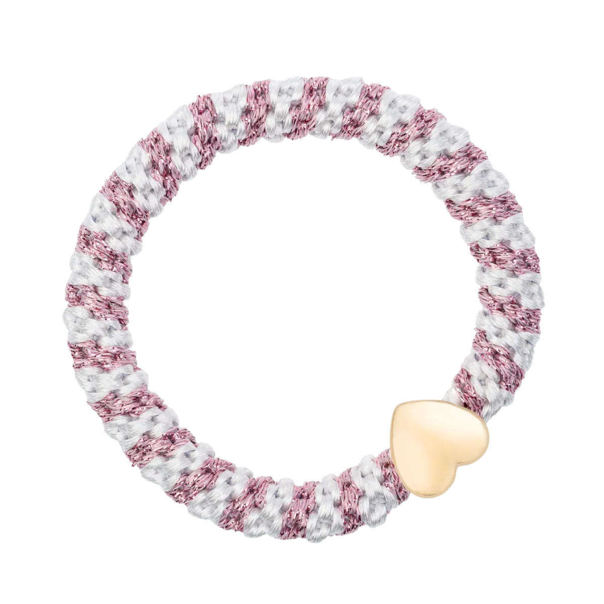 Fat Hair Tie W/Gold - Cotton Candy & White Glitter Stripe W/Heart