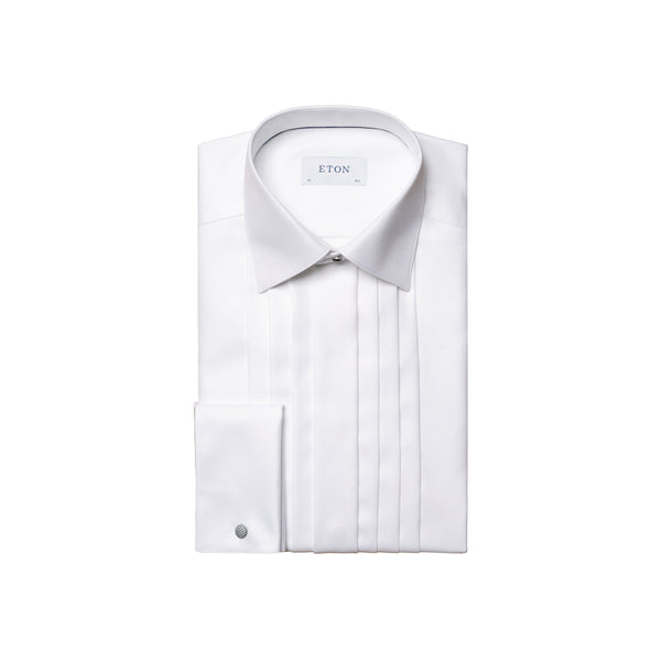 Slim Fit 3 Fold Plissé Shirt Moderate Cut Away Collar - White