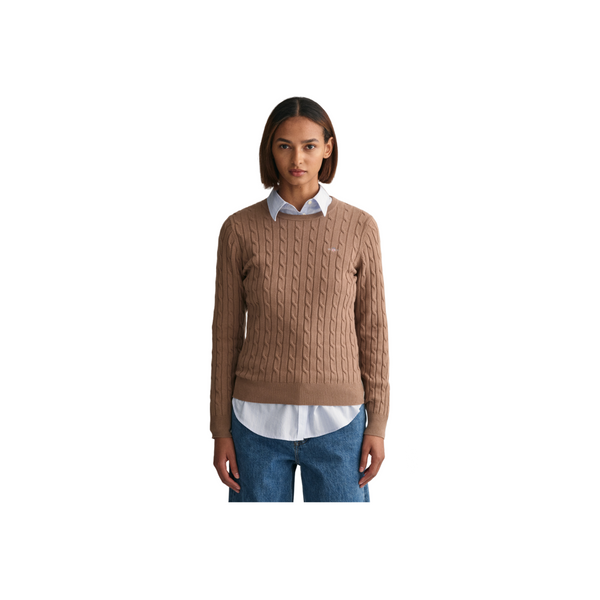 Stretch Cotton Cable C-Neck - Brown