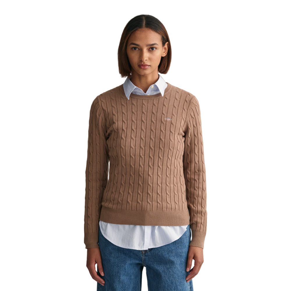 Stretch Cotton Cable C-Neck - Brown