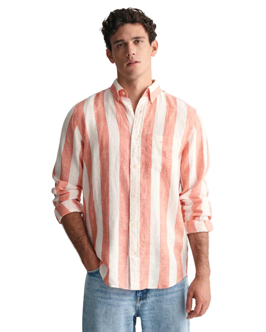 Bold Stripe Linen Shirt - Orange