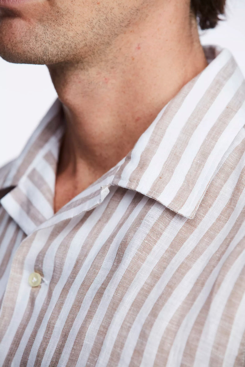 Linen Short Sleeve Stripe Shirt - Brown