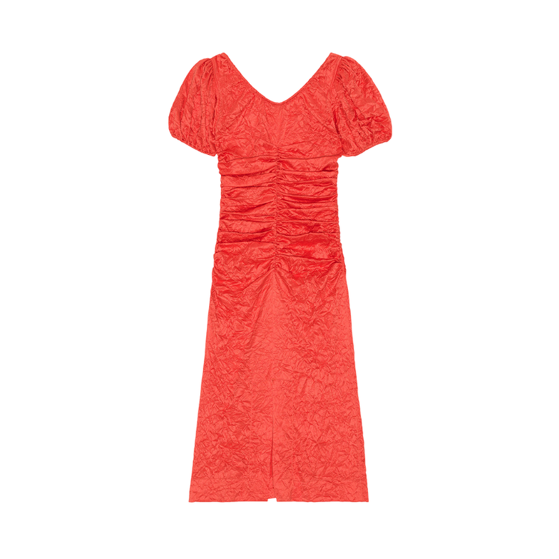 Crinkled Satin Gathered U-neck Midi Dress - Red