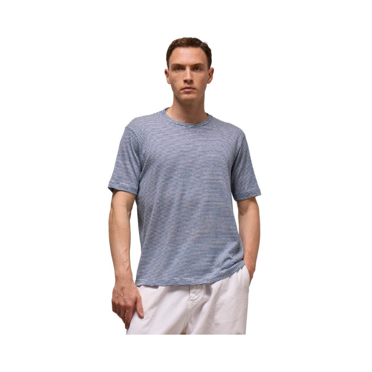 T-Shirt Giro Rigata Lino Cotone - Avio