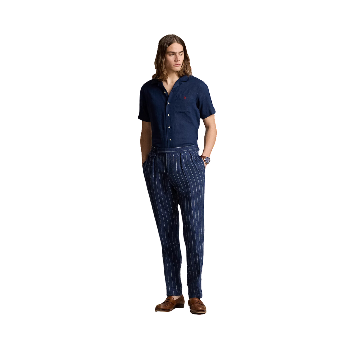 Classic Fit Linen Camp Shirt - Navy