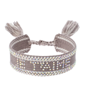 Woven Friendship Bracelet W/Crystals - "Je T'aime" White W/Taupe
