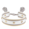 Woven Friendship Bracelet W/Star Studs - White W/Taupe & Gold