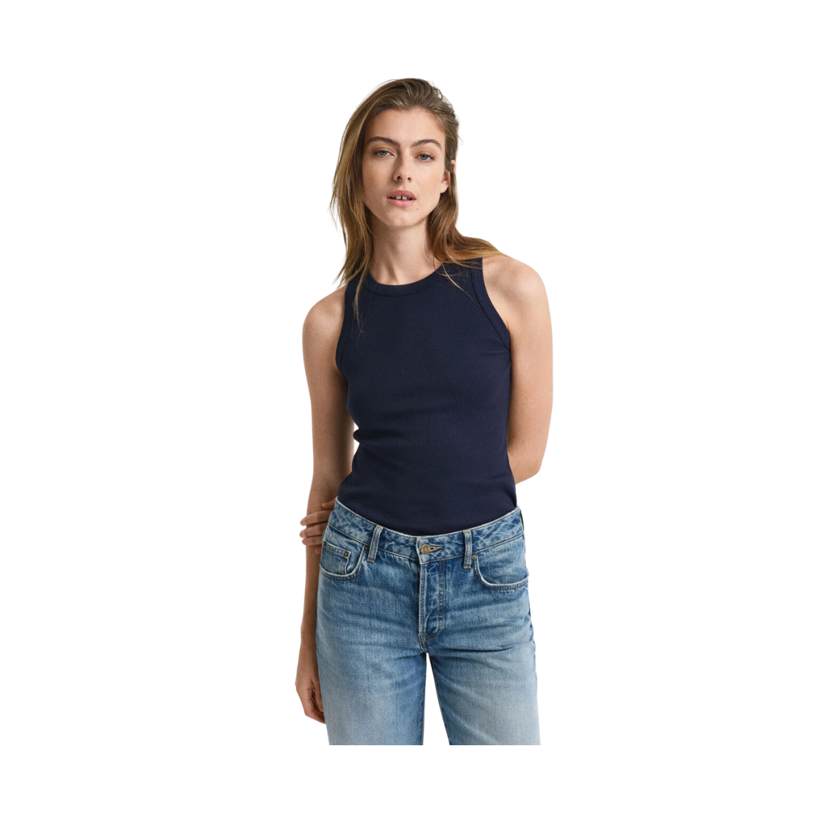 High Neck Rib Tank Top - 433 Evening Blue