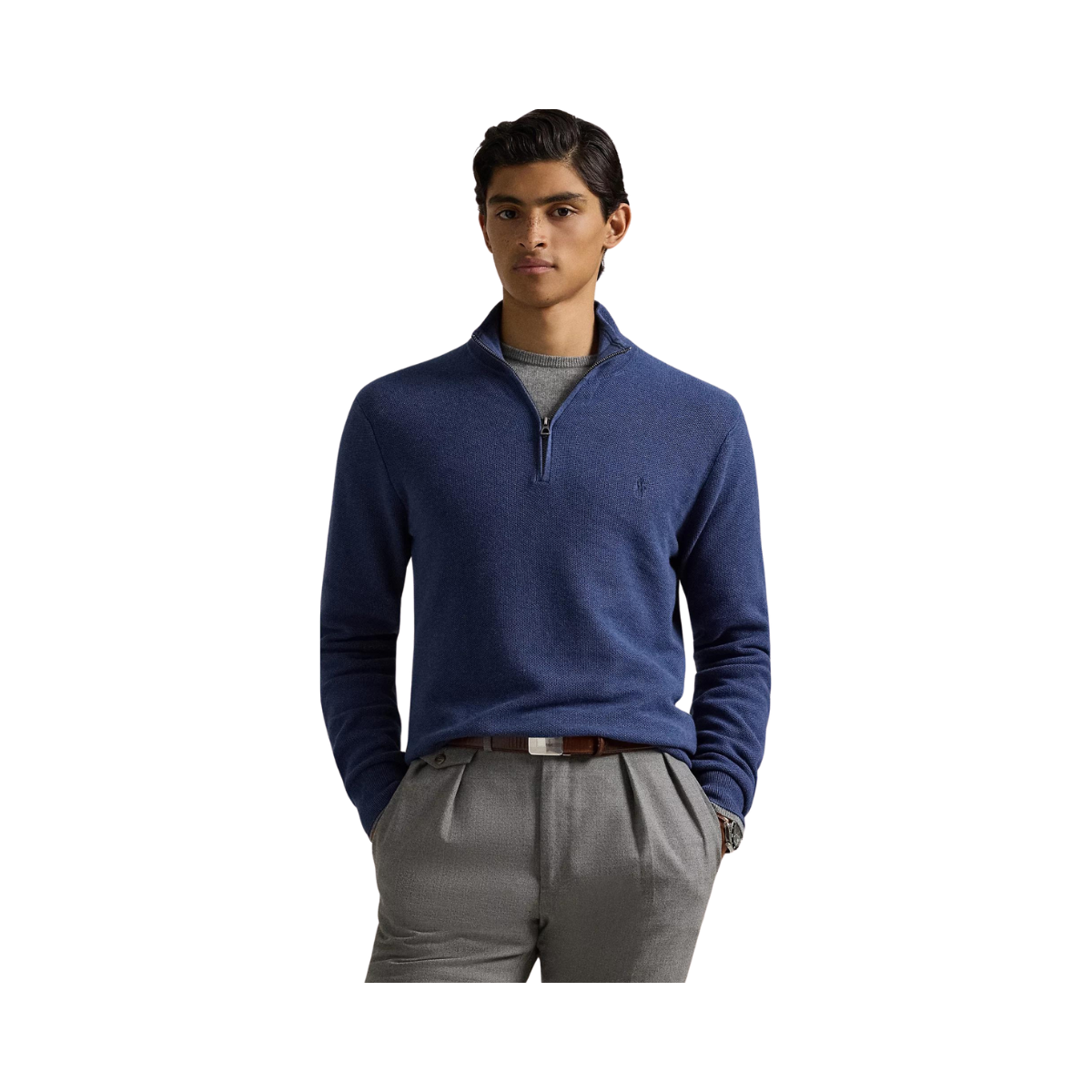 Mesh-Knit Cotton Quarter-Zip Sweater - Blue