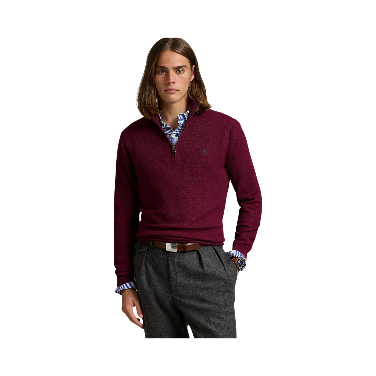 Mesh-Knit Cotton Quarter-Zip Sweater - Burgundy