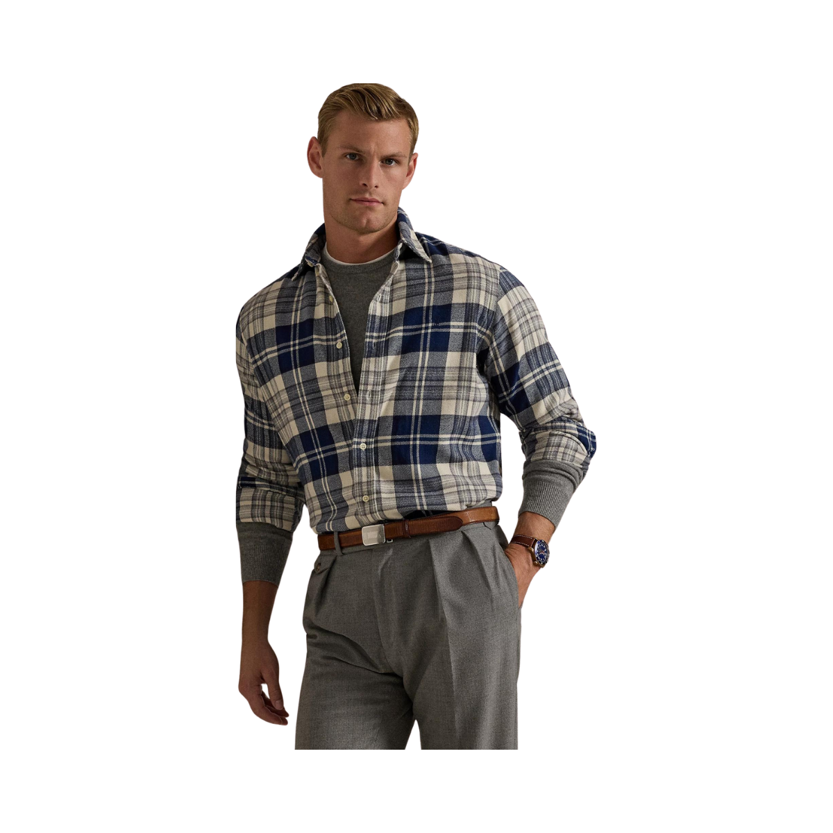 Custom Fit Plaid Brushed Flannel Shirt - Navy