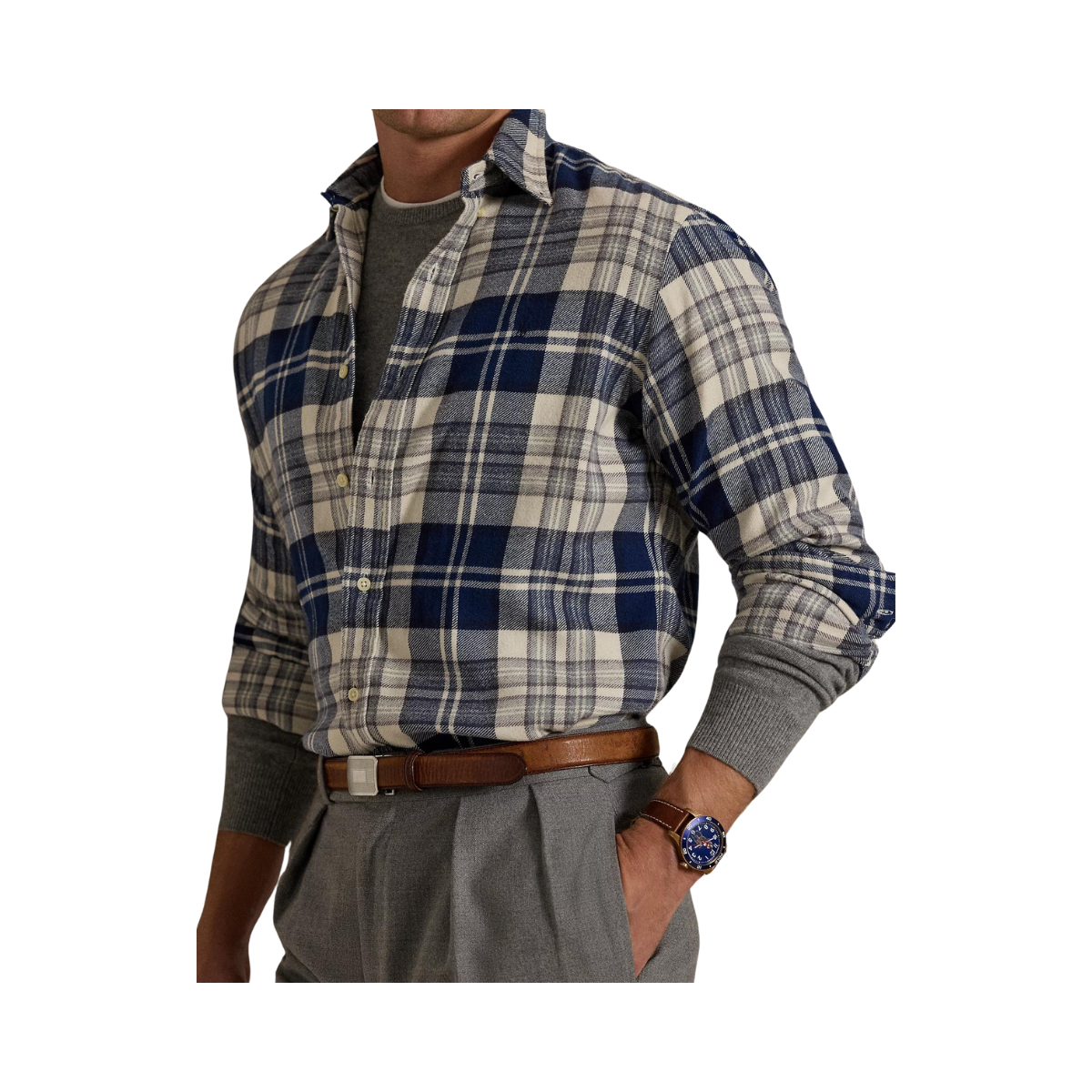 Custom Fit Plaid Brushed Flannel Shirt - Navy