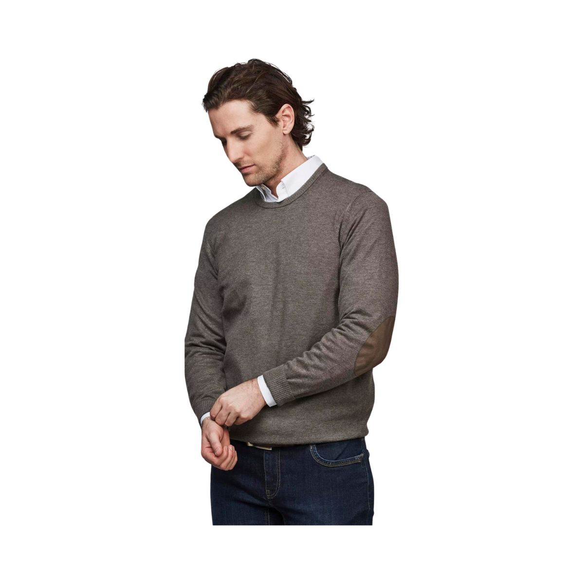 CREW NECK SWEATER, ELBOW PATCH - Brown