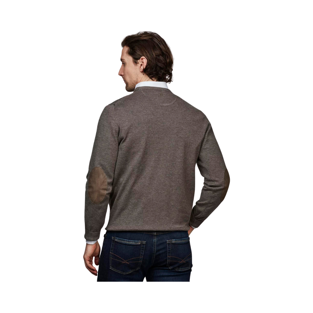 CREW NECK SWEATER, ELBOW PATCH - Brown