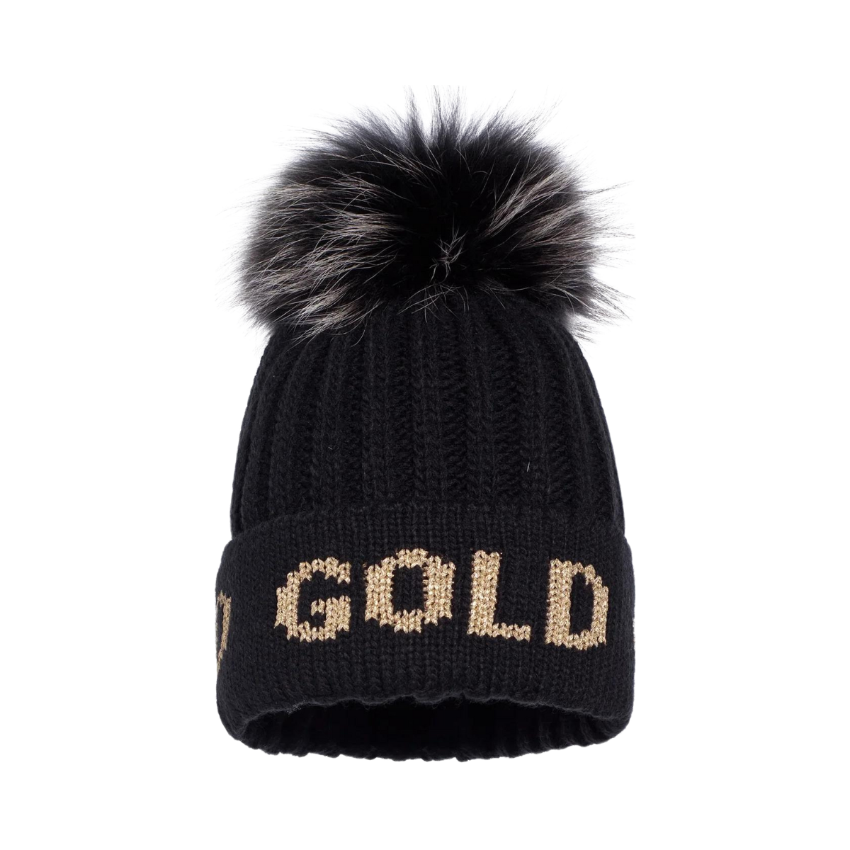 Hodd Beanie Faux Pom - 9001 Black/Gold