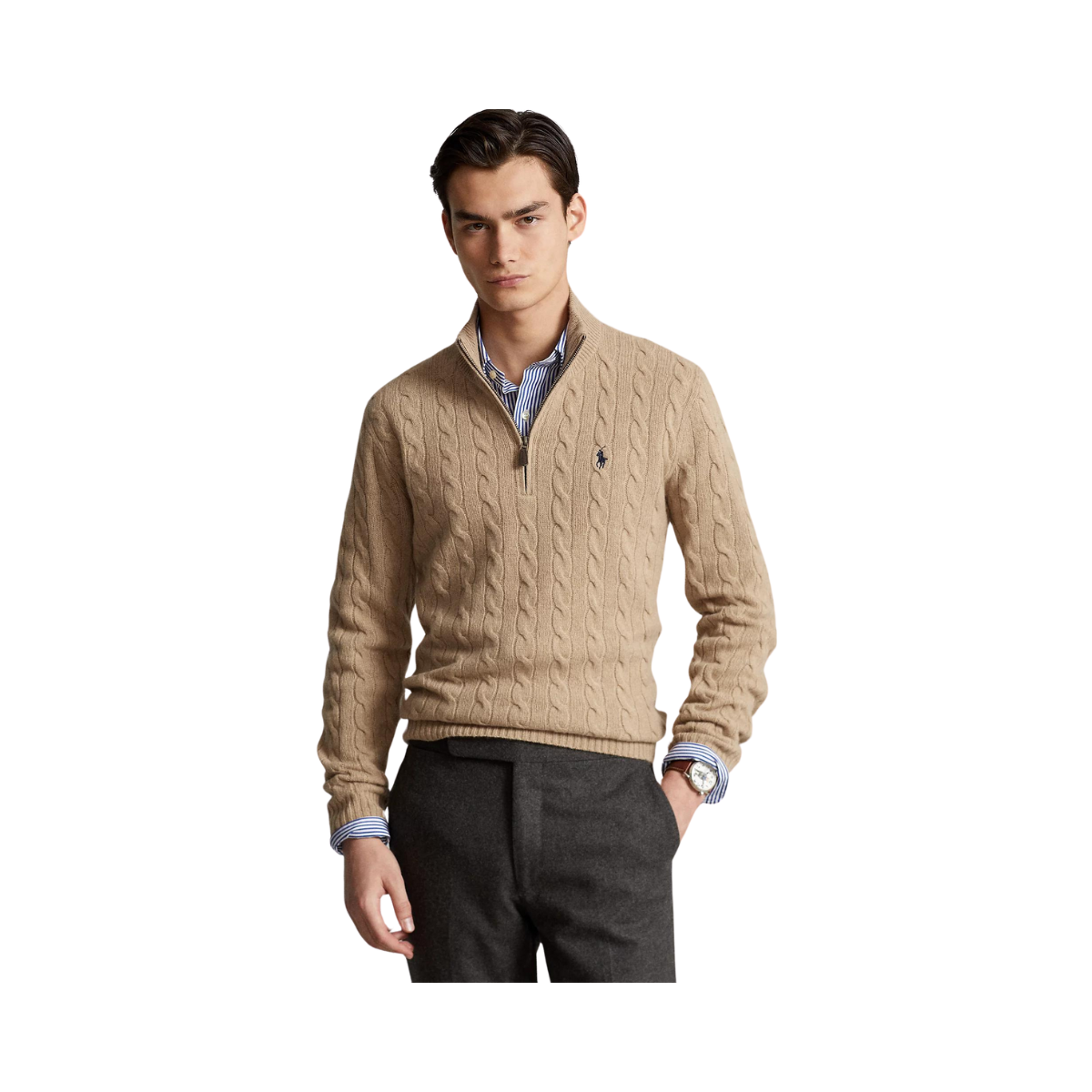 Cable-Knit Wool-Cashmere Zip Sweater - 006 Camel Melange