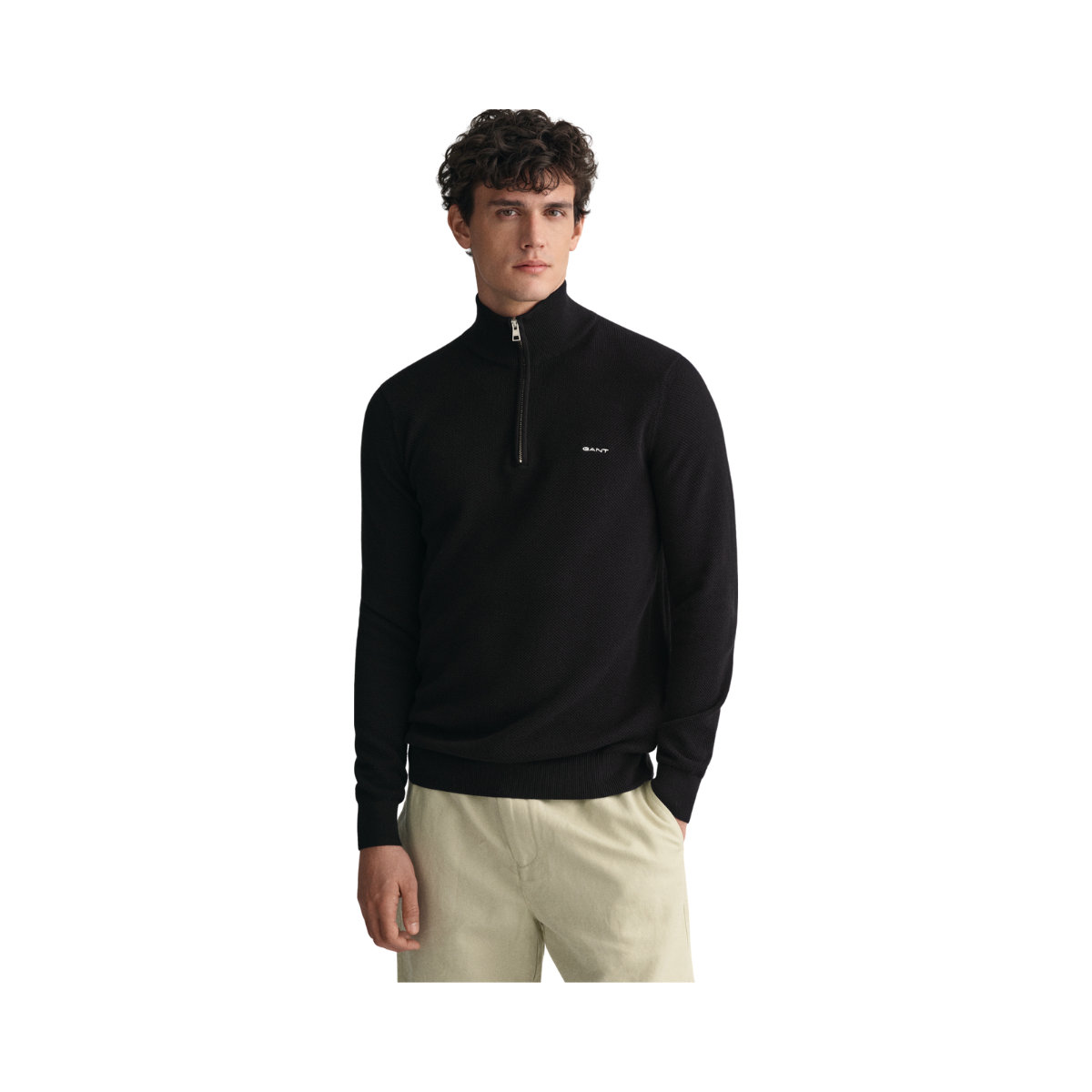 Cotton Pique Half Zip - Black