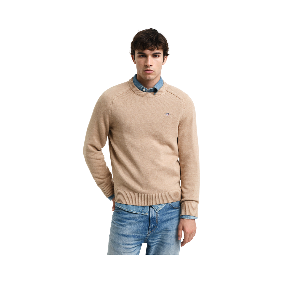 CASUAL COTTON SADDLE C-NECK - Beige