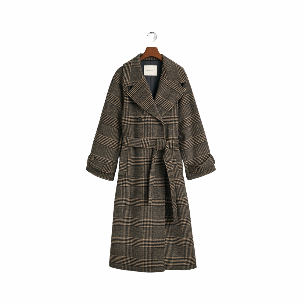 Checked Wool Trench Coat - Black