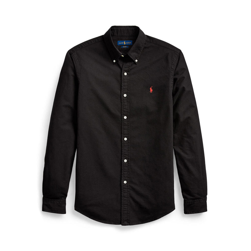 Slim Fit Garment-Dyed Oxford Shirt - Black