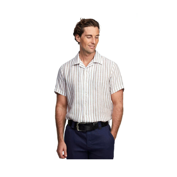 Linen Short Sleeve Stripe Shirt - Brown