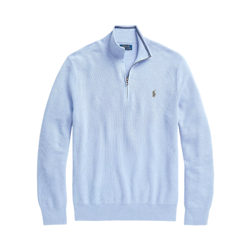 Mesh-Knit Cotton Quarter-Zip Sweater - Blue