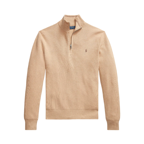 Mesh-Knit Cotton Quarter-Zip Sweater - Beige