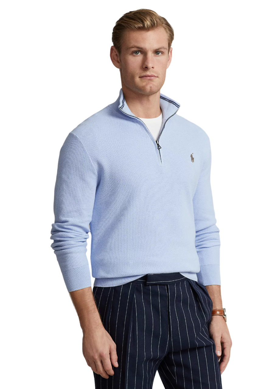 Mesh-Knit Cotton Quarter-Zip Sweater - Blue