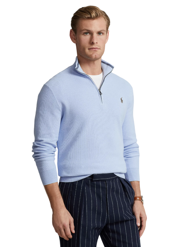 Mesh-Knit Cotton Quarter-Zip Sweater - Blue