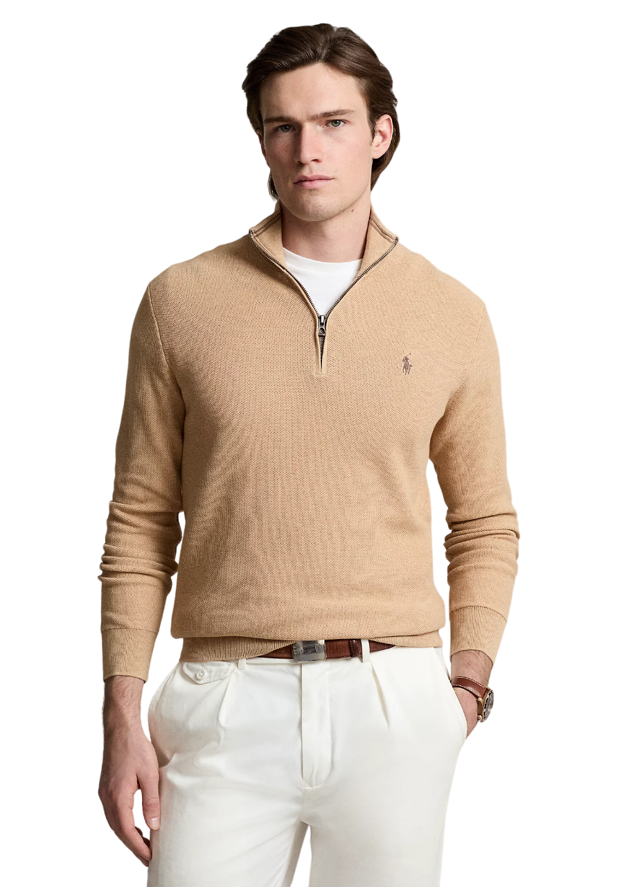 Mesh-Knit Cotton Quarter-Zip Sweater - Beige