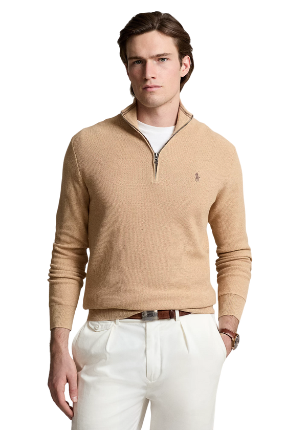 Mesh-Knit Cotton Quarter-Zip Sweater - Beige