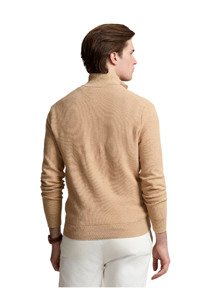 Mesh-Knit Cotton Quarter-Zip Sweater - Beige