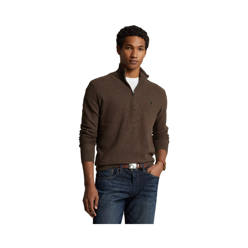 Mesh-Knit Cotton Quarter-Zip Sweater - Brown