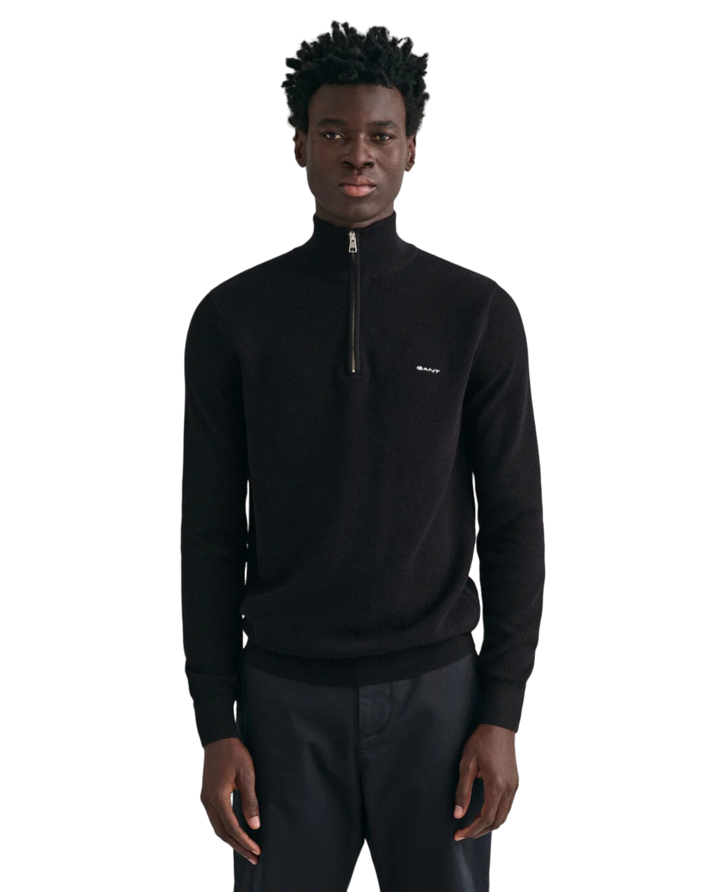 Cotton Pique Half Zip - Black